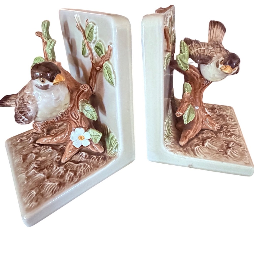 Bird Bookends Set Otagiri Japan Brown Tan EUC Ceramic Hand Painted Cottagecore
